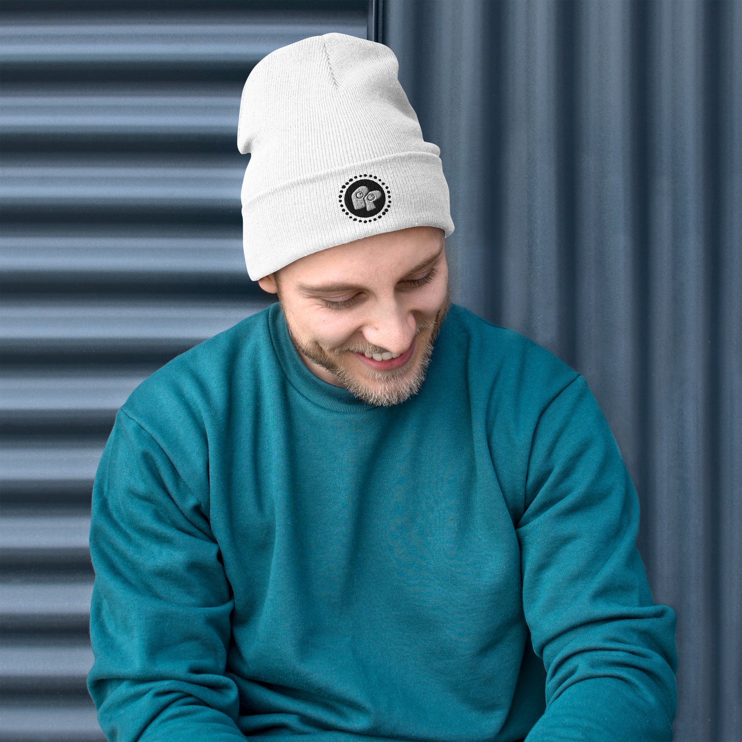 Poor Pleb 'circle logo' White Embroidered Beanie