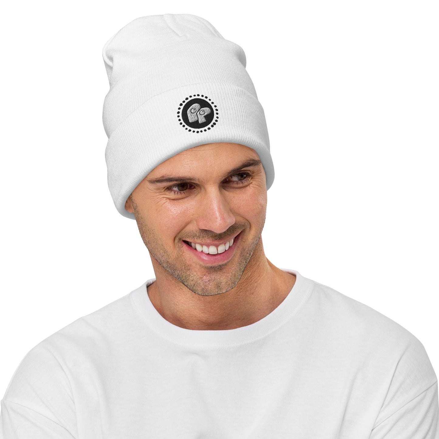 Poor Pleb 'circle logo' White Embroidered Beanie