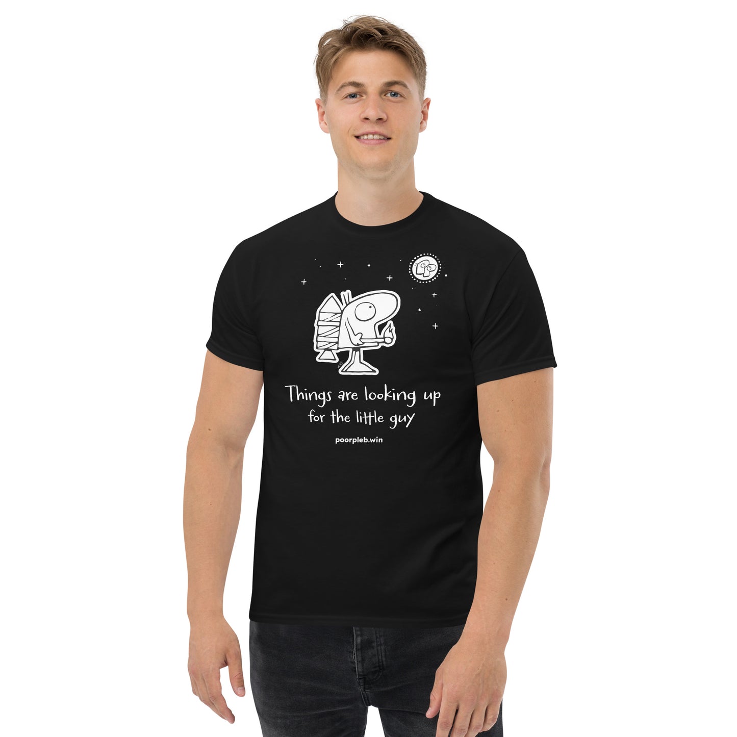 Poor Pleb T-shirt (dark colours) - Things are looking up for the little guy - Crypto Biskit