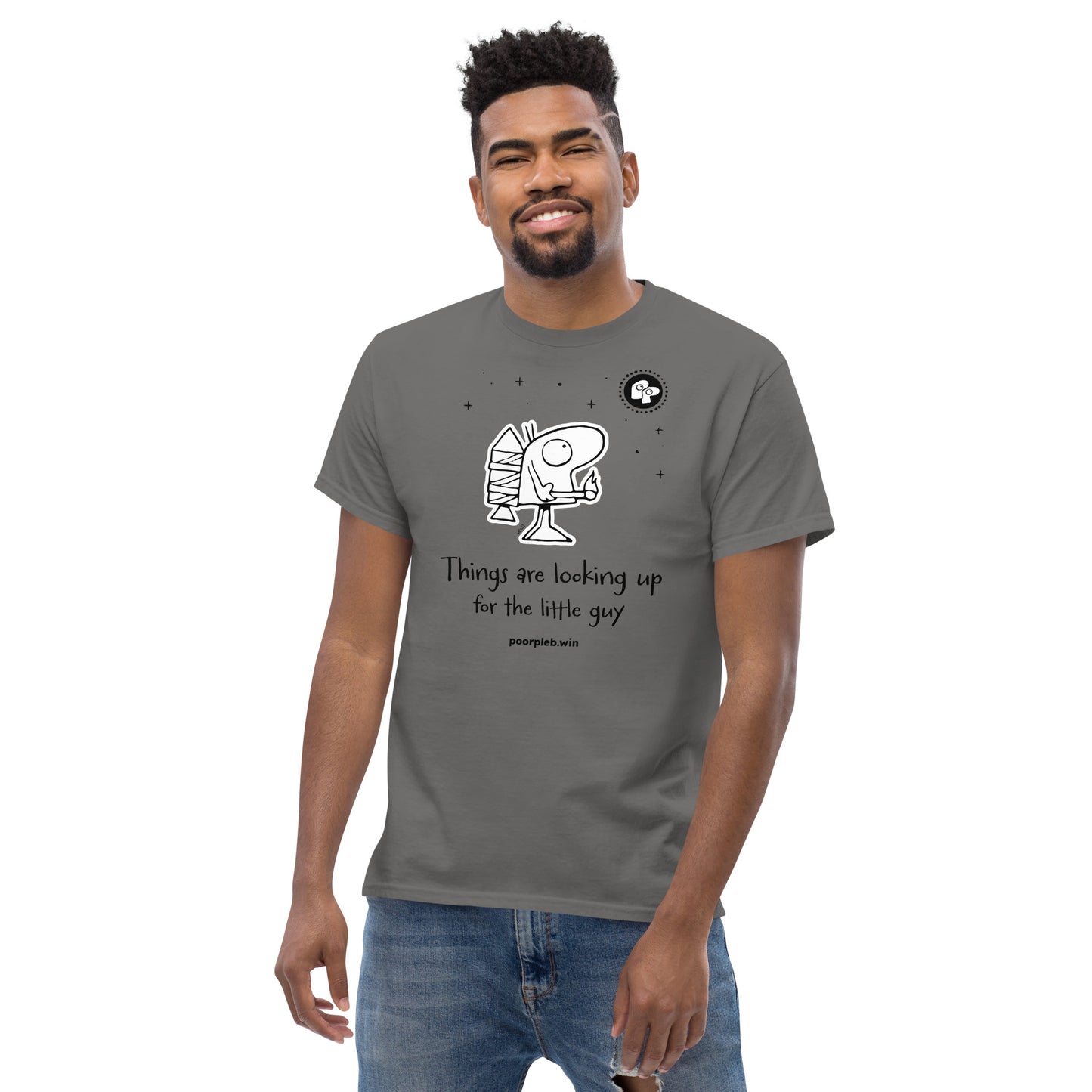 Poor Pleb T-shirt (light colours) - Things are looking up for the little guy - Crypto Biskit