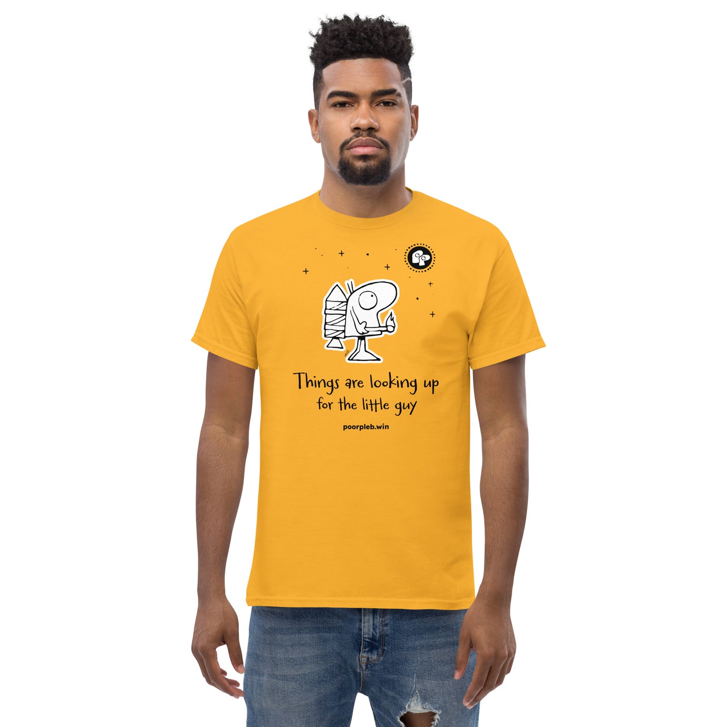 Poor Pleb T-shirt (light colours) - Things are looking up for the little guy - Crypto Biskit