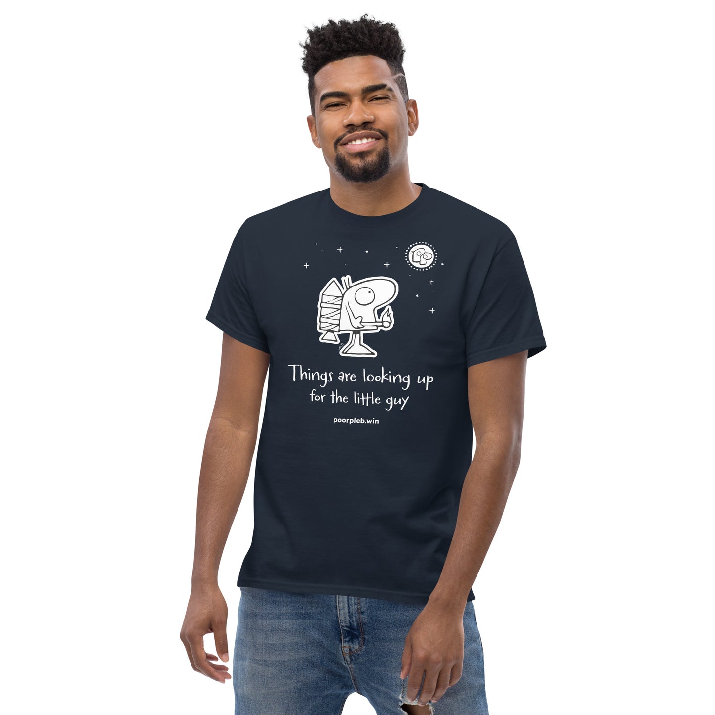 Poor Pleb T-shirt (dark colours) - Things are looking up for the little guy - Crypto Biskit