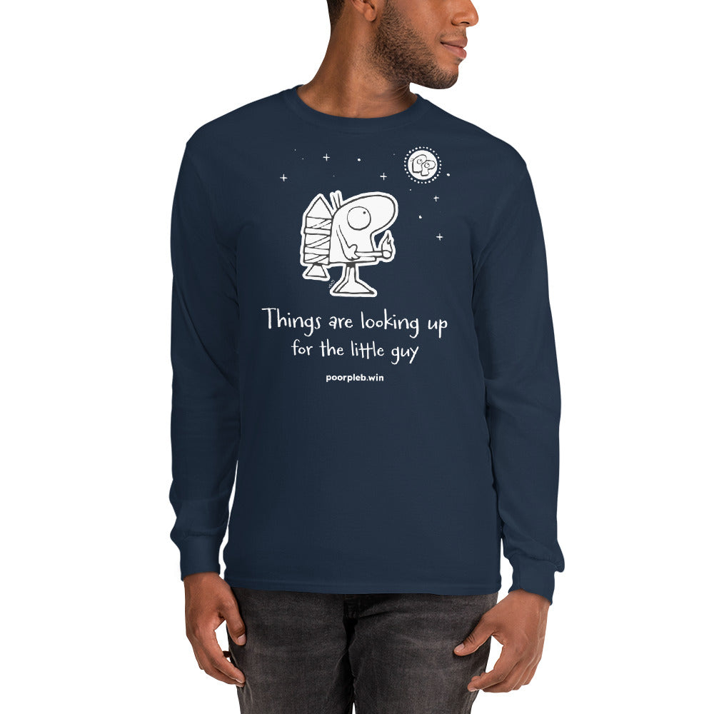 Poor Pleb Men’s Long Sleeve Shirt (dark colours) - Things are looking up for the little guy - Crypto Biskit