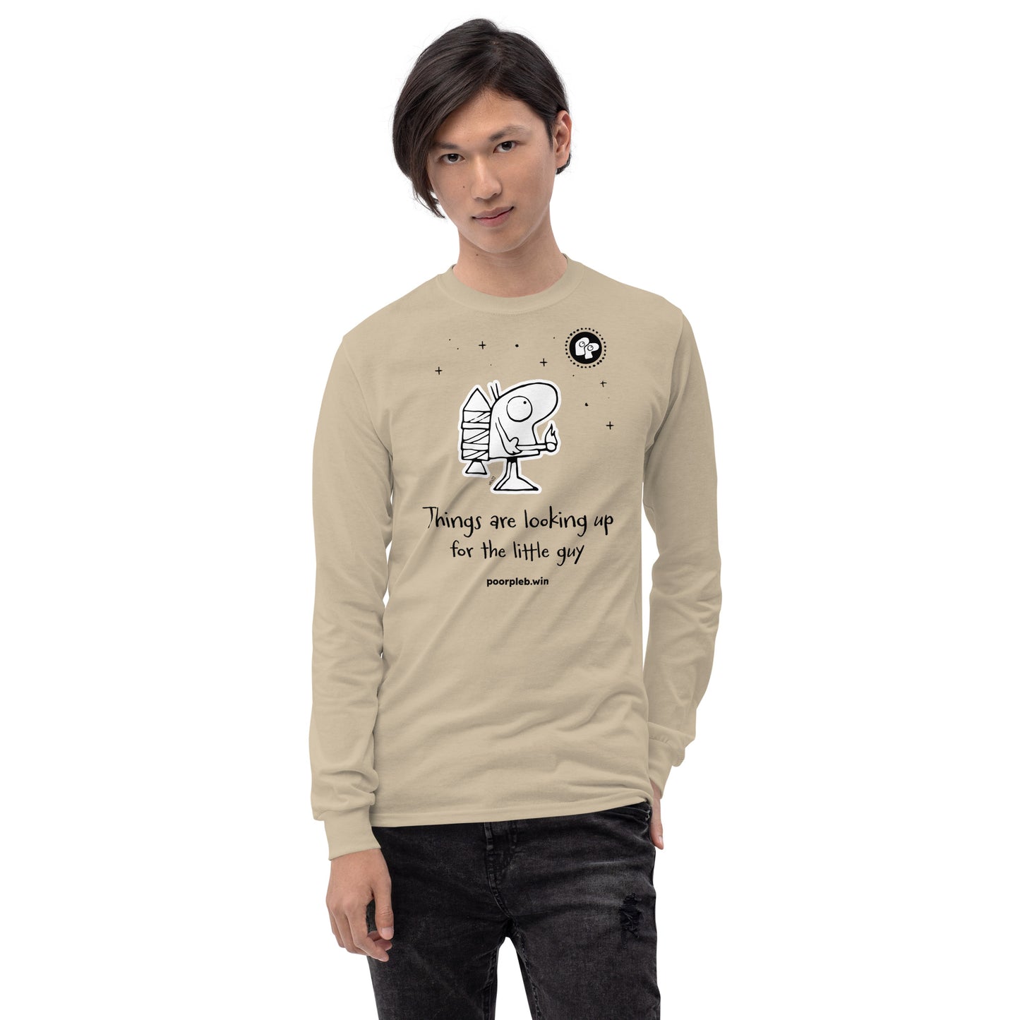 Poor Pleb Men’s Long Sleeve Shirt (light colours) - Things are looking up for the little guy - Crypto Biskit