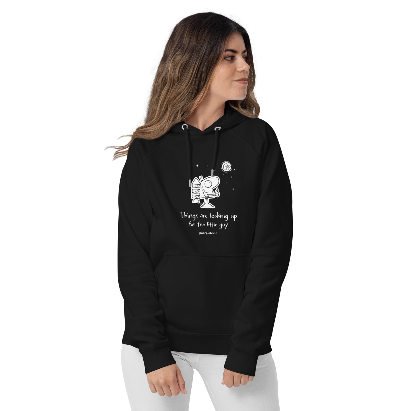 Poor Pleb Unisex Eco Hoodie (dark colours) - Things are looking up for the little guy - Crypto Biskit