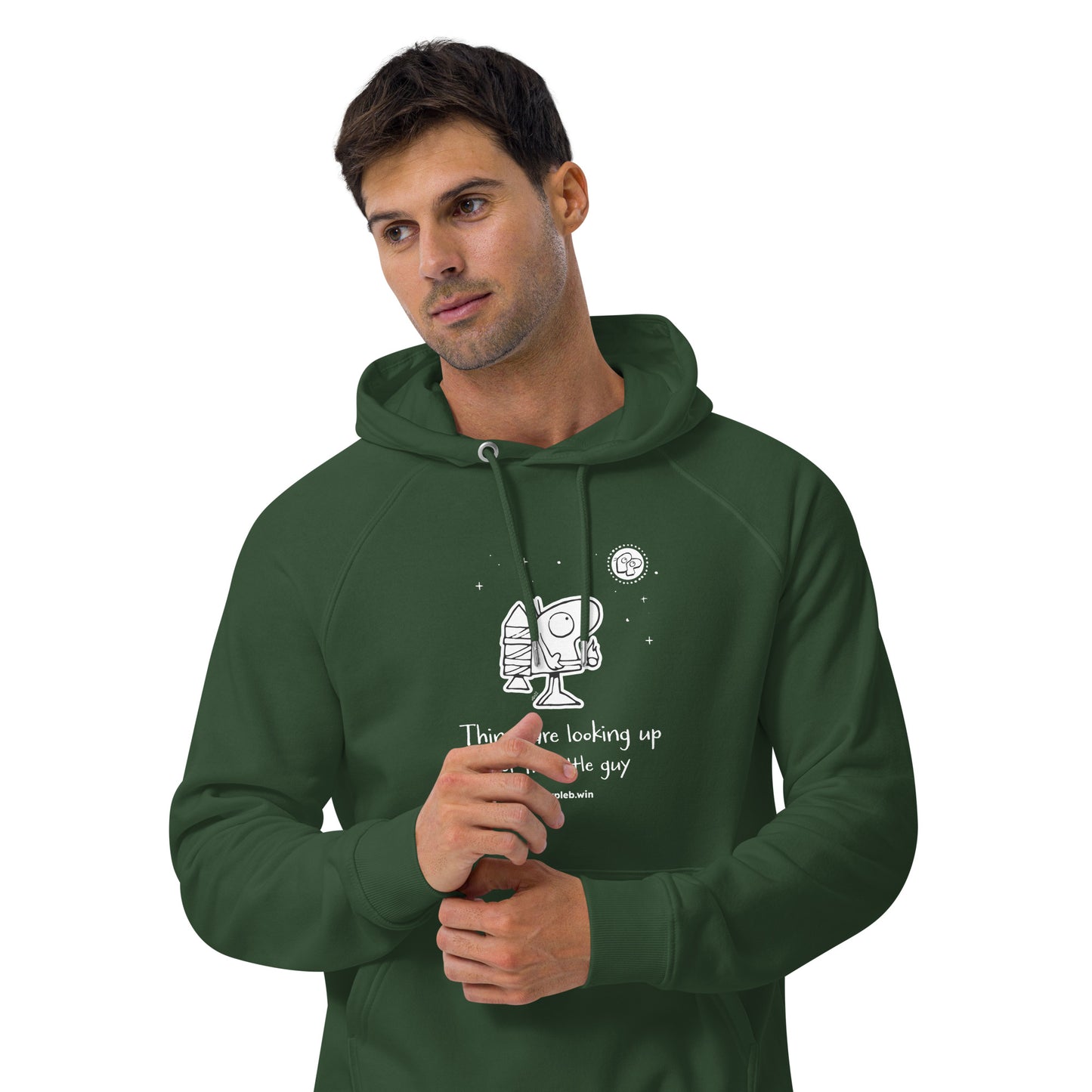 Poor Pleb Unisex Eco Hoodie (dark colours) - Things are looking up for the little guy - Crypto Biskit