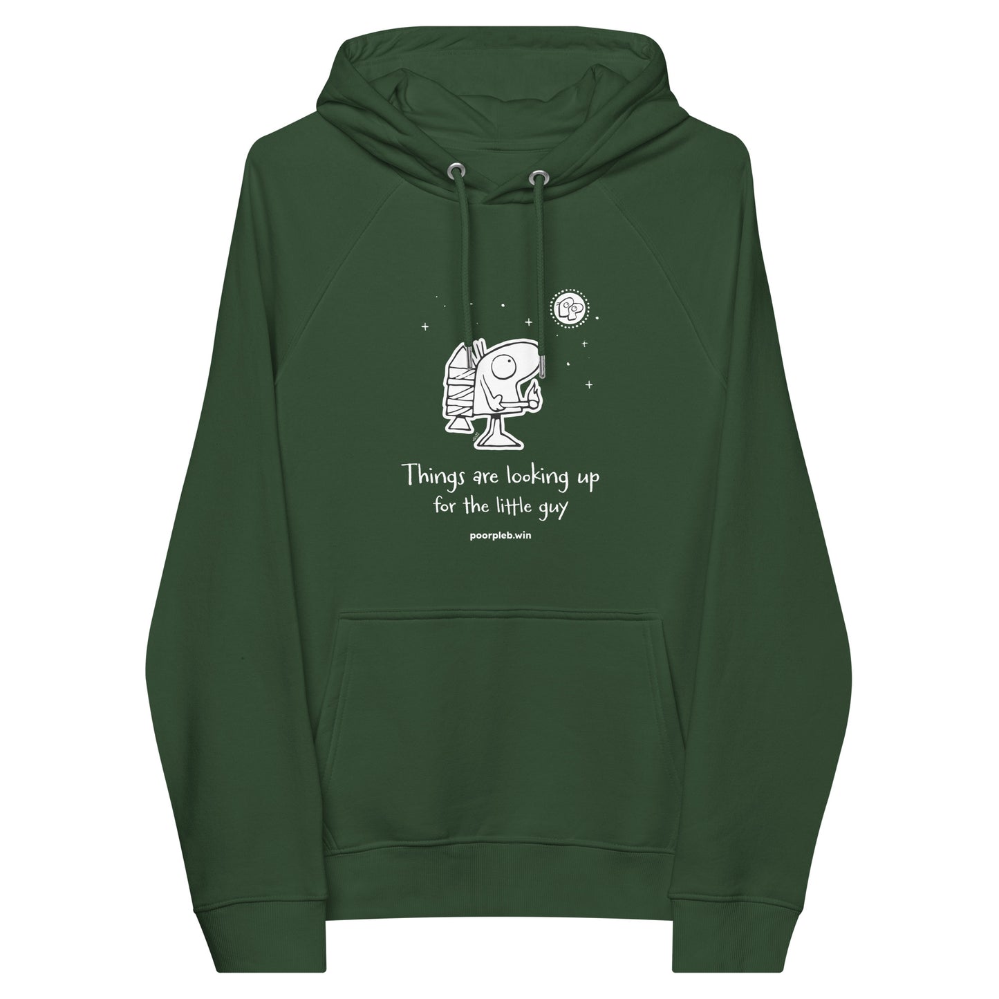 Poor Pleb Unisex Eco Hoodie (dark colours) - Things are looking up for the little guy - Crypto Biskit