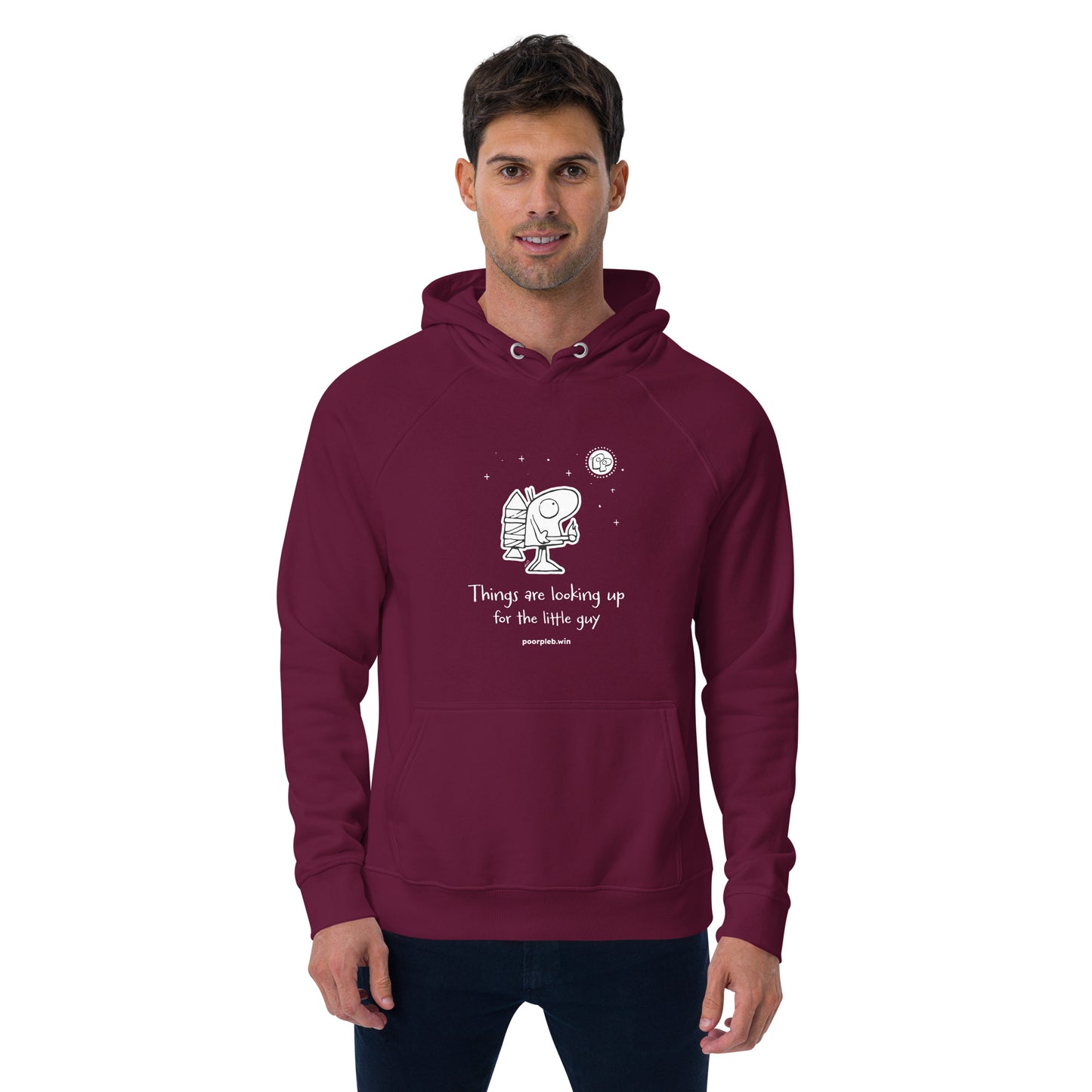 Poor Pleb Unisex Eco Hoodie (dark colours) - Things are looking up for the little guy - Crypto Biskit