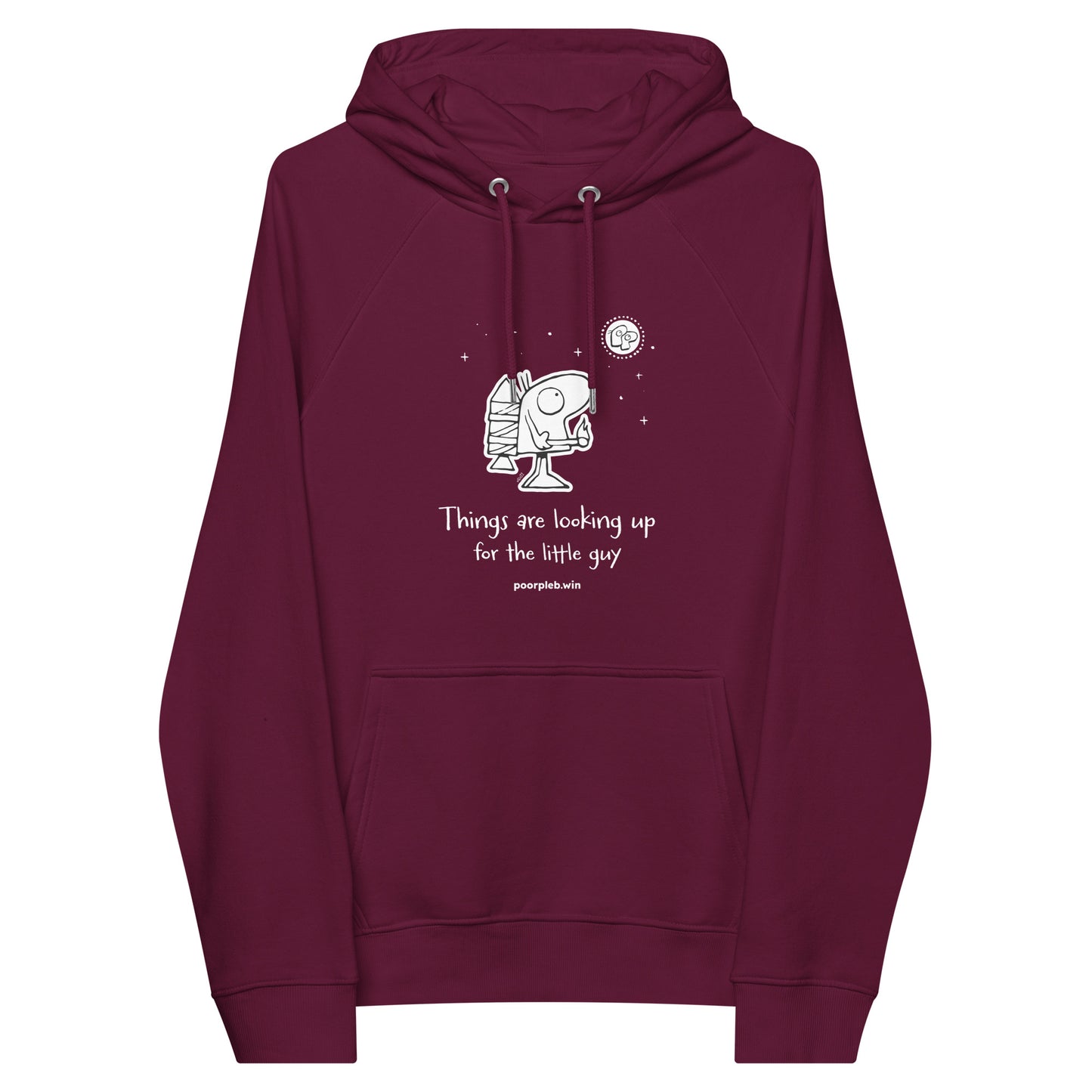 Poor Pleb Unisex Eco Hoodie (dark colours) - Things are looking up for the little guy - Crypto Biskit