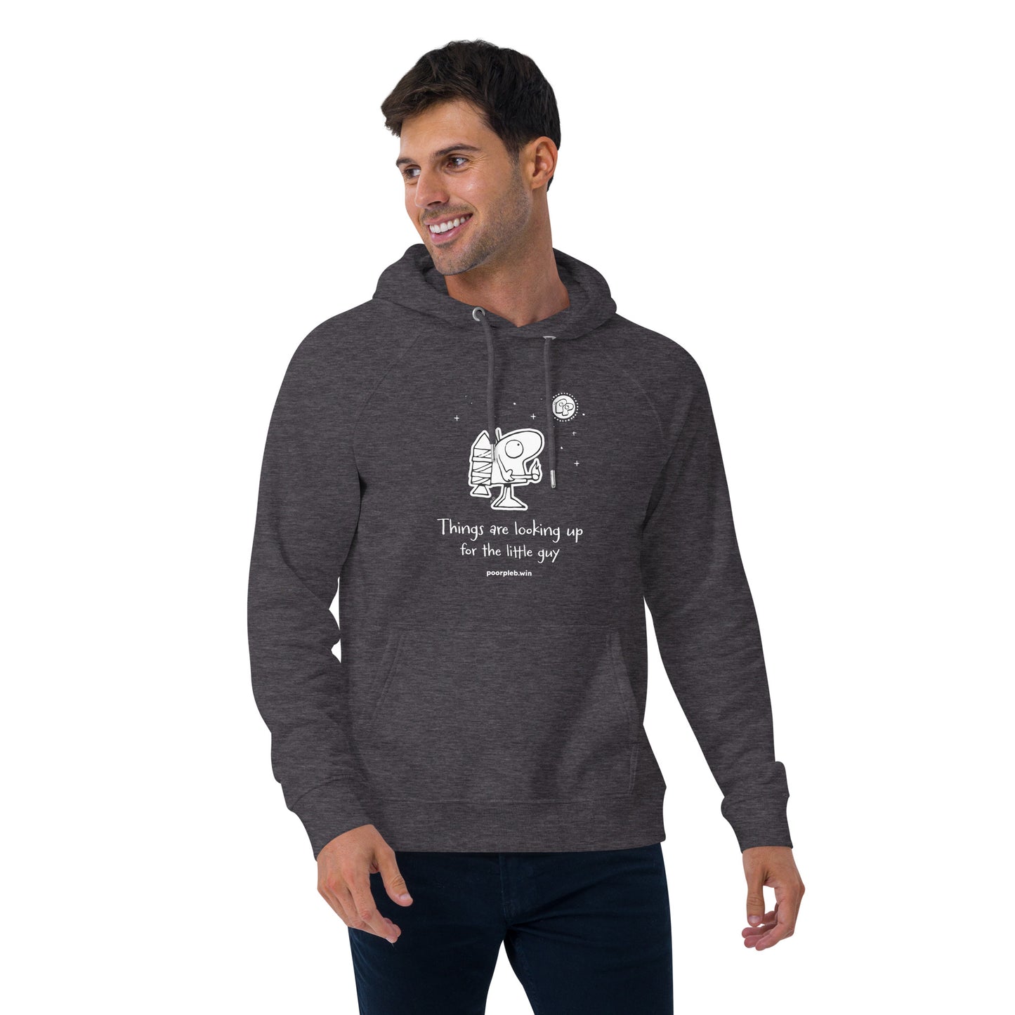 Poor Pleb Unisex Eco Hoodie (dark colours) - Things are looking up for the little guy - Crypto Biskit