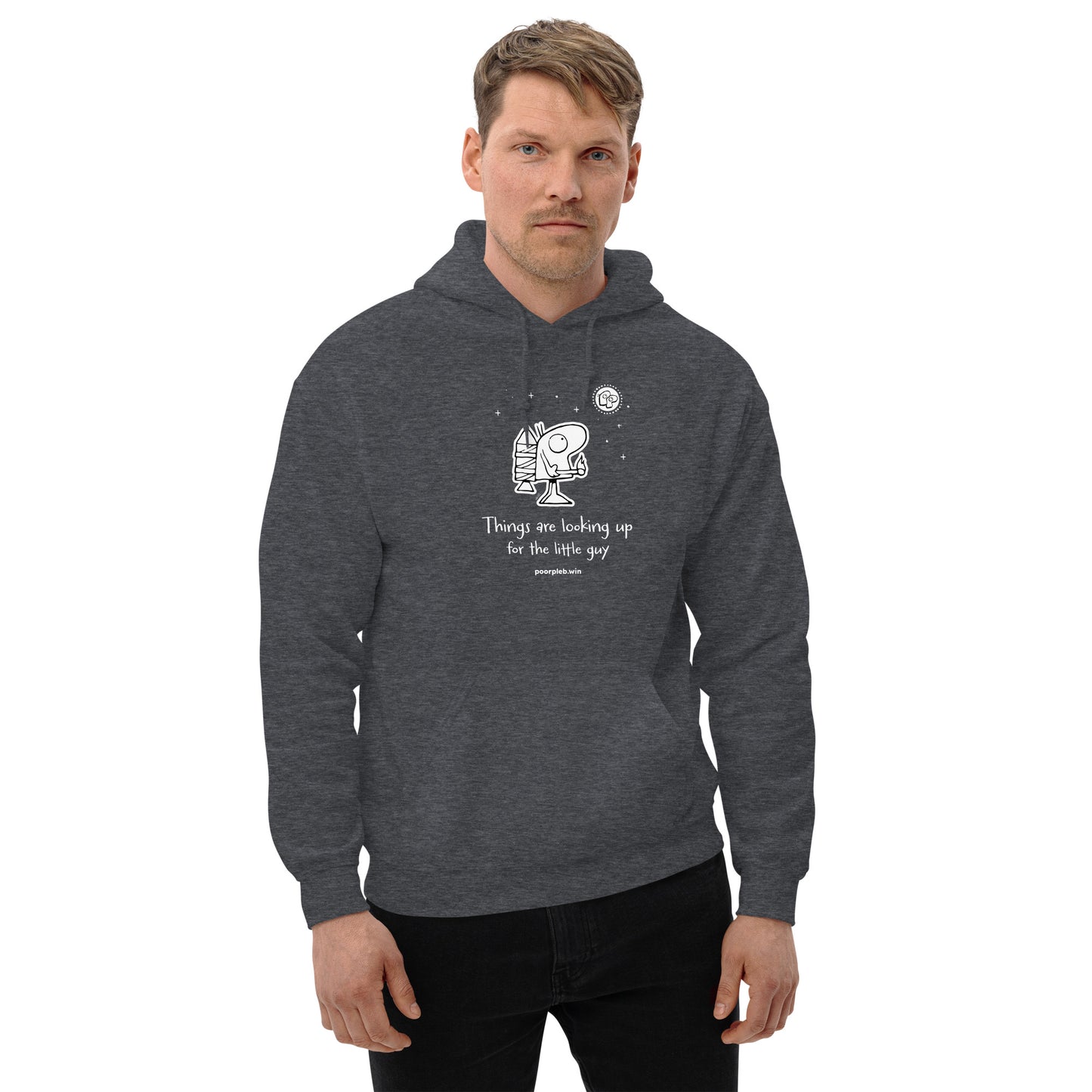 Poor Pleb Unisex Heavy Blend Hoodie (dark colours) - Things are looking up for the little guy - Crypto Biskit