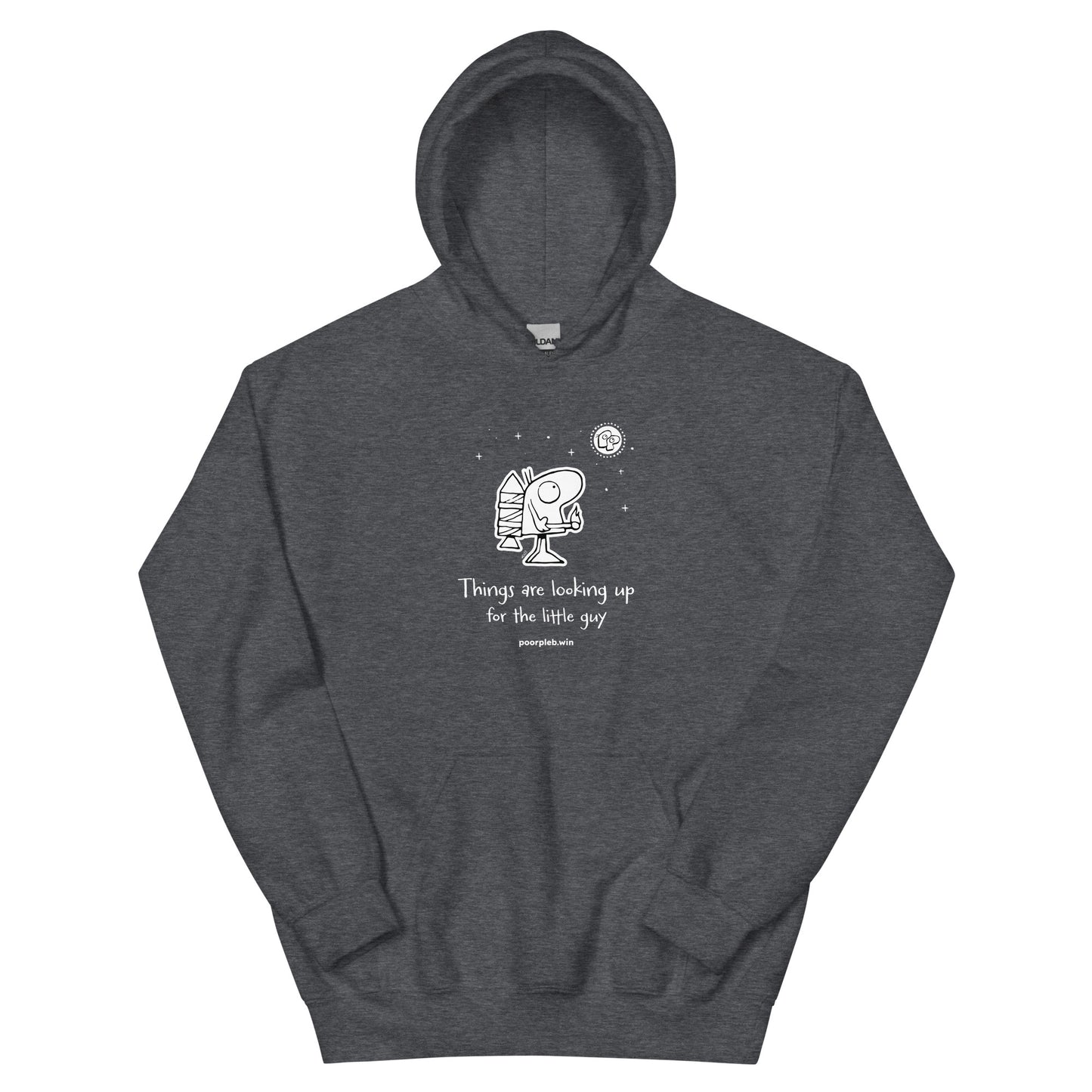 Poor Pleb Unisex Heavy Blend Hoodie (dark colours) - Things are looking up for the little guy - Crypto Biskit