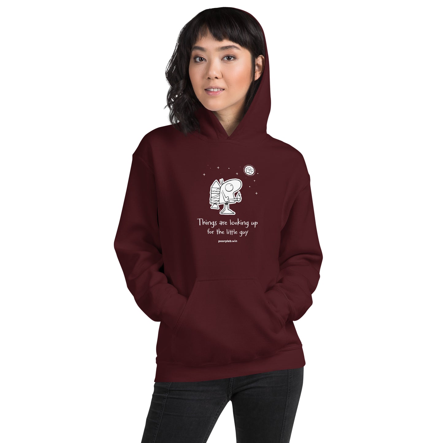 Poor Pleb Unisex Heavy Blend Hoodie (dark colours) - Things are looking up for the little guy - Crypto Biskit