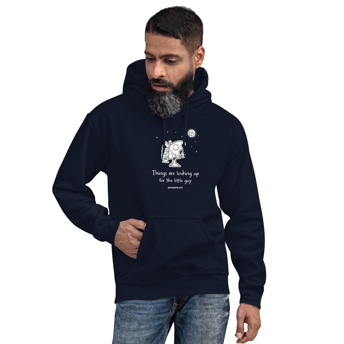 Poor Pleb Unisex Heavy Blend Hoodie (dark colours) - Things are looking up for the little guy - Crypto Biskit