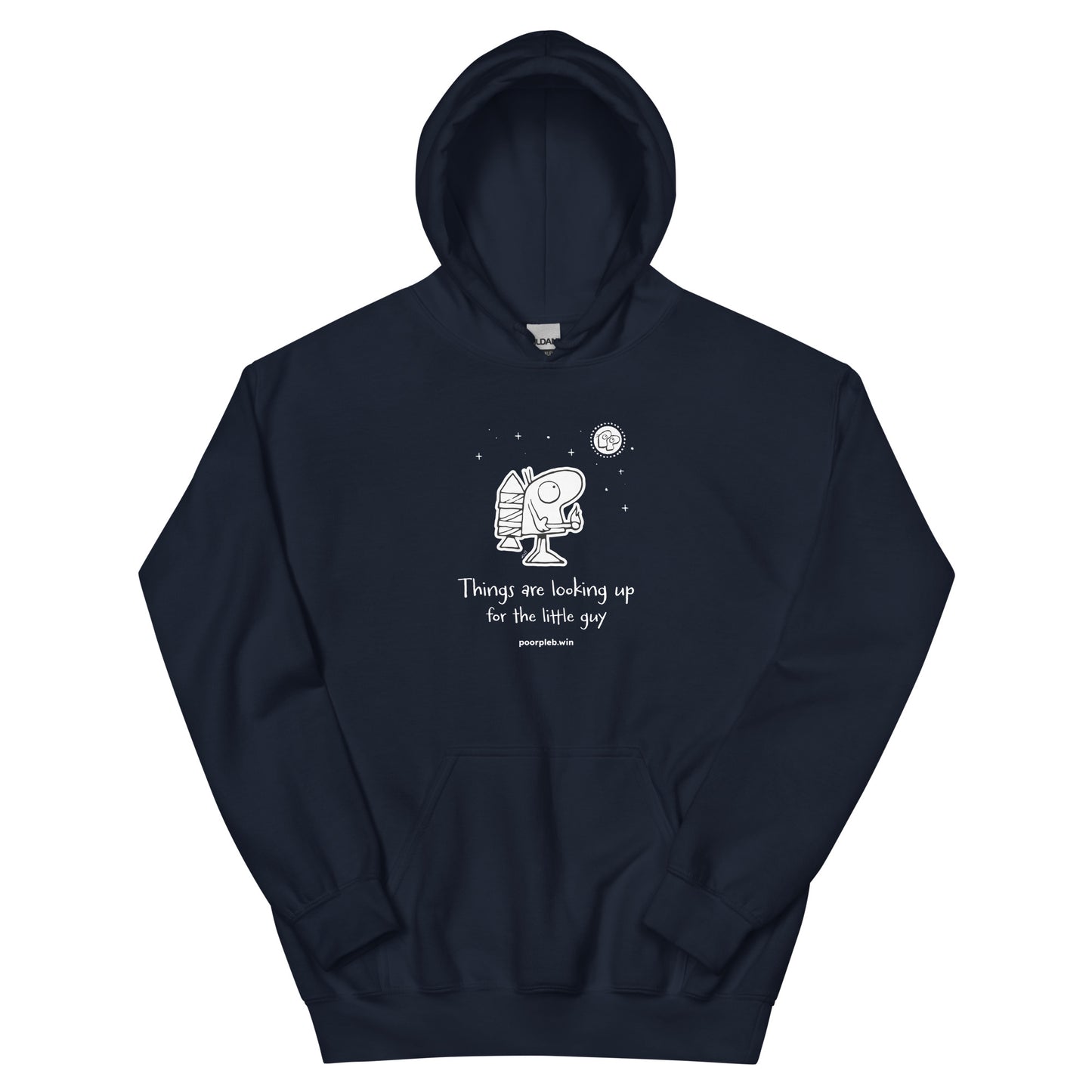 Poor Pleb Unisex Heavy Blend Hoodie (dark colours) - Things are looking up for the little guy - Crypto Biskit