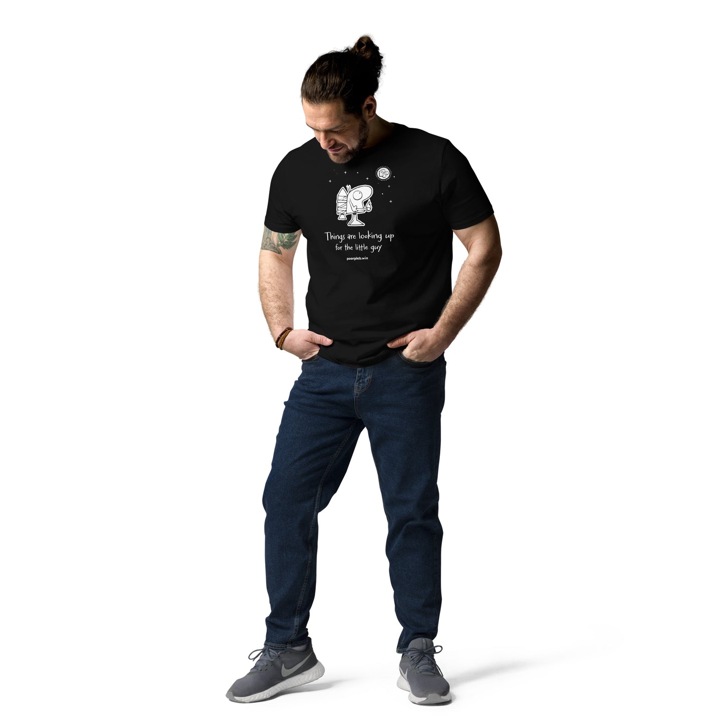 Poor Pleb Unisex Organic Cotton T-Shirt (dark colours) - Things are looking up for the little guy - Crypto Biskit