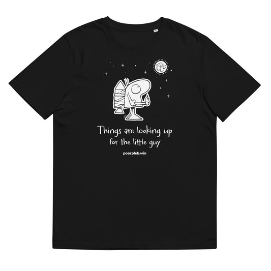 Poor Pleb Unisex Organic Cotton T-Shirt (dark colours) - Things are looking up for the little guy - Crypto Biskit