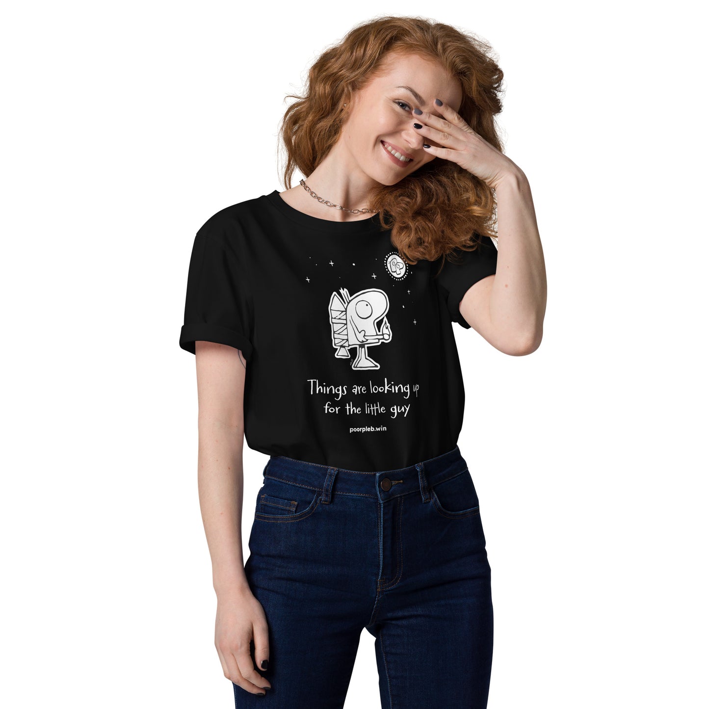 Poor Pleb Unisex Organic Cotton T-Shirt (dark colours) - Things are looking up for the little guy - Crypto Biskit
