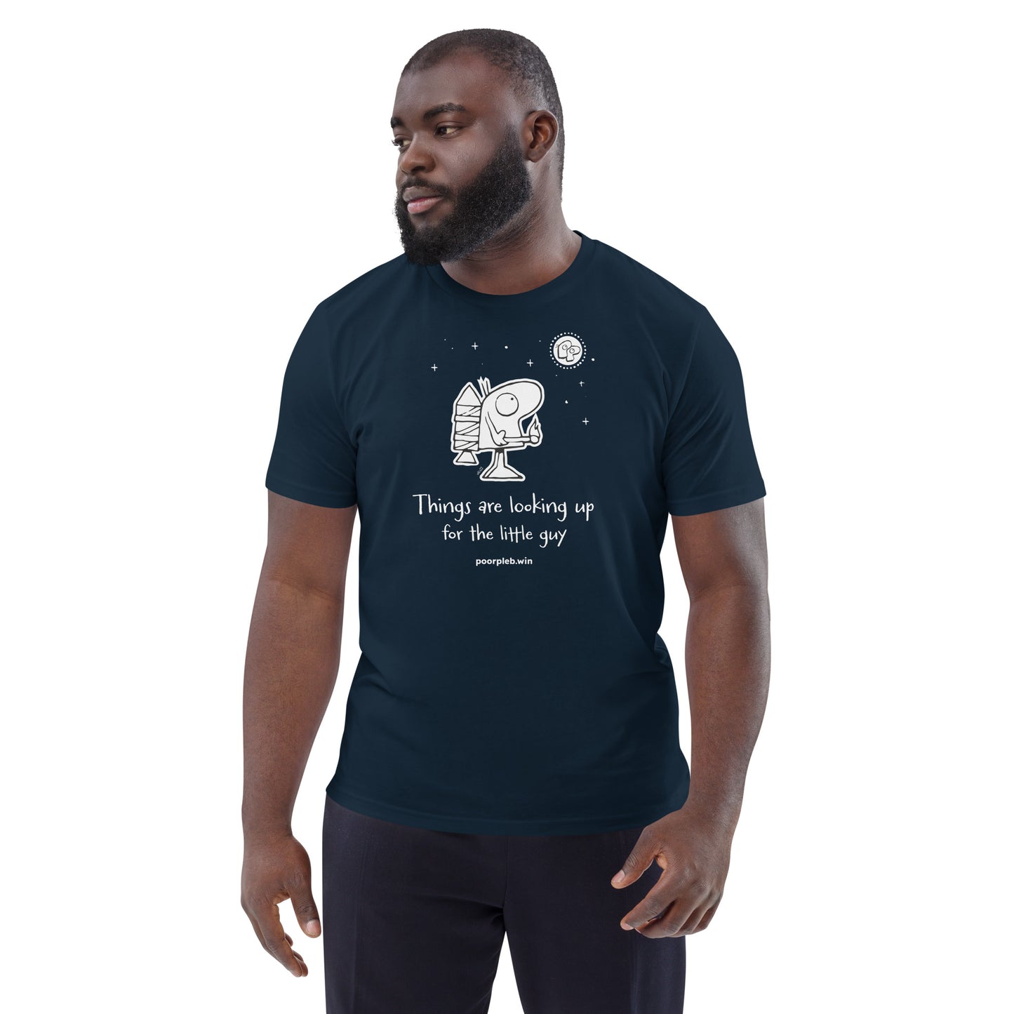 Poor Pleb Unisex Organic Cotton T-Shirt (dark colours) - Things are looking up for the little guy - Crypto Biskit
