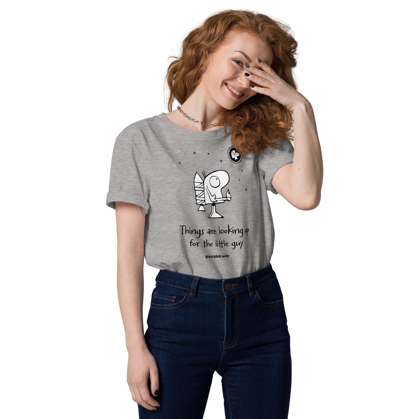 Poor Pleb Unisex Organic Cotton T-Shirt (light colours) - Things are looking up for the little guy - Crypto Biskit