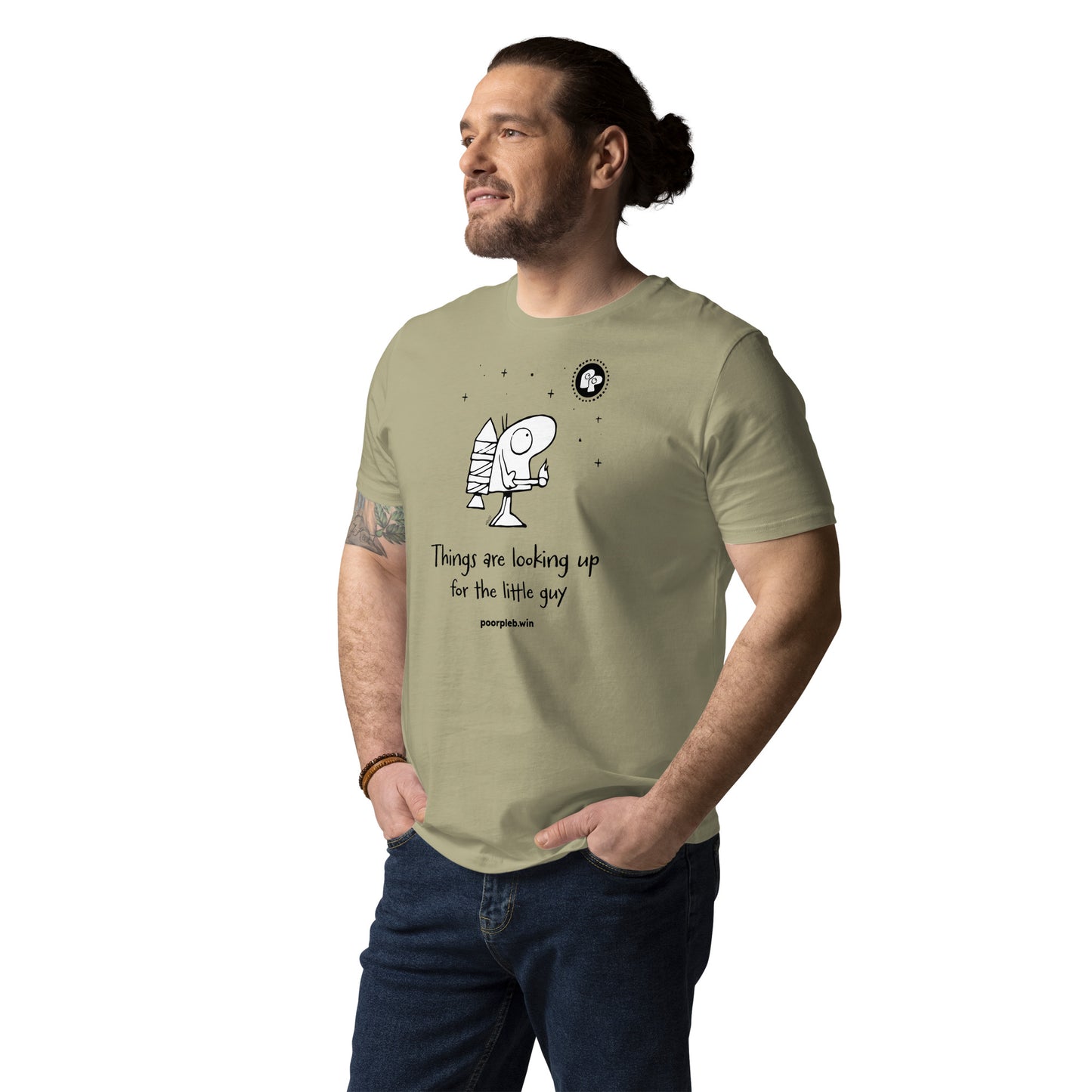 Poor Pleb Unisex Organic Cotton T-Shirt (light colours) - Things are looking up for the little guy - Crypto Biskit