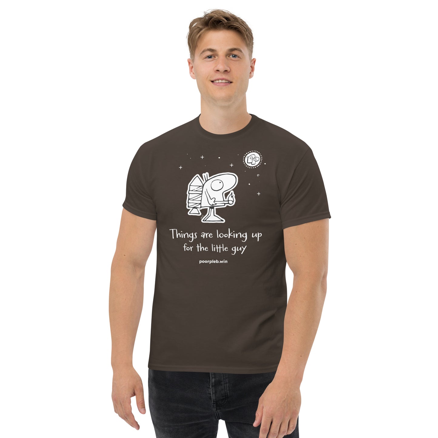 Poor Pleb T-shirt (dark colours) - Things are looking up for the little guy - Crypto Biskit