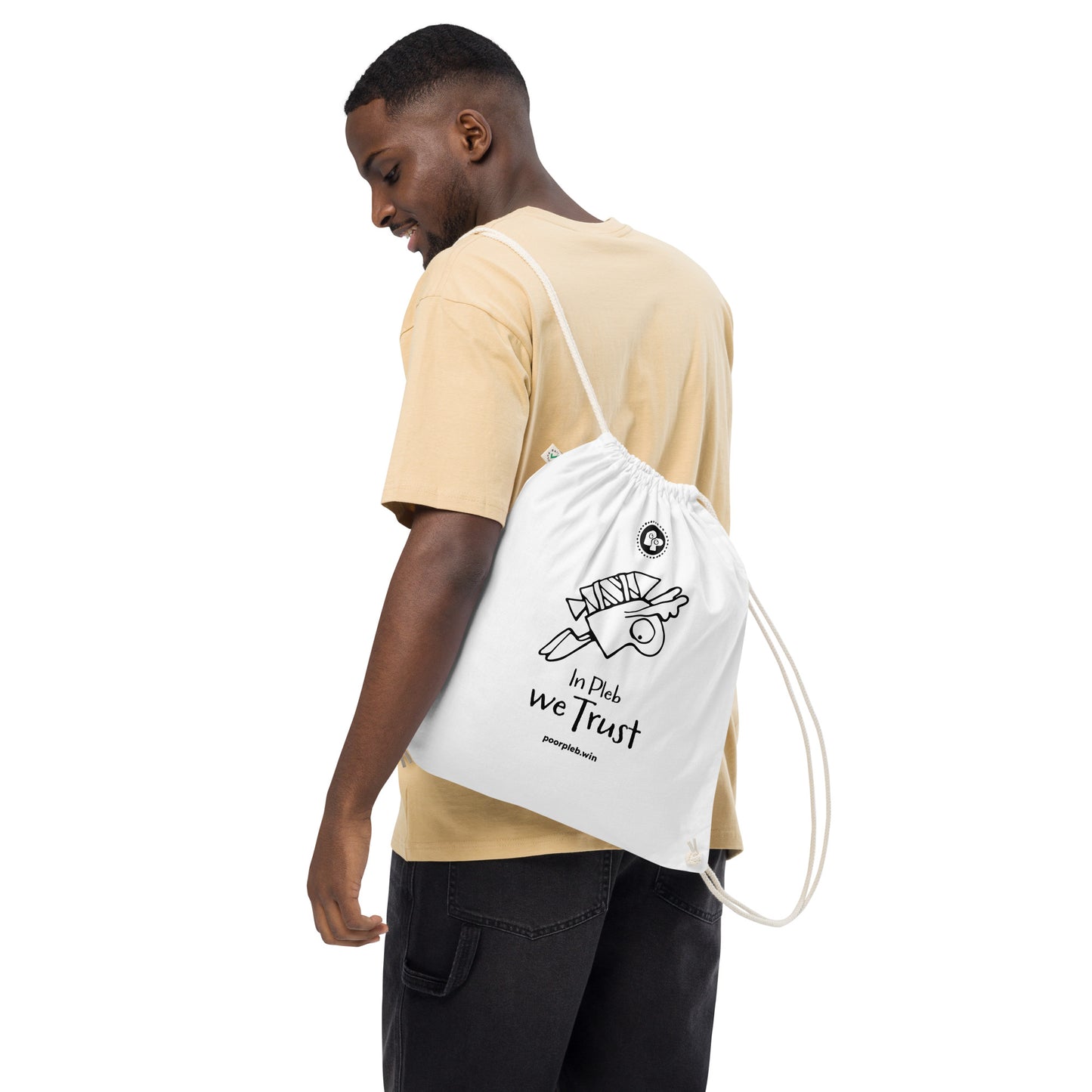 Poor Pleb Organic cotton drawstring bag - In Plebs we Trust - Crypto Biskit