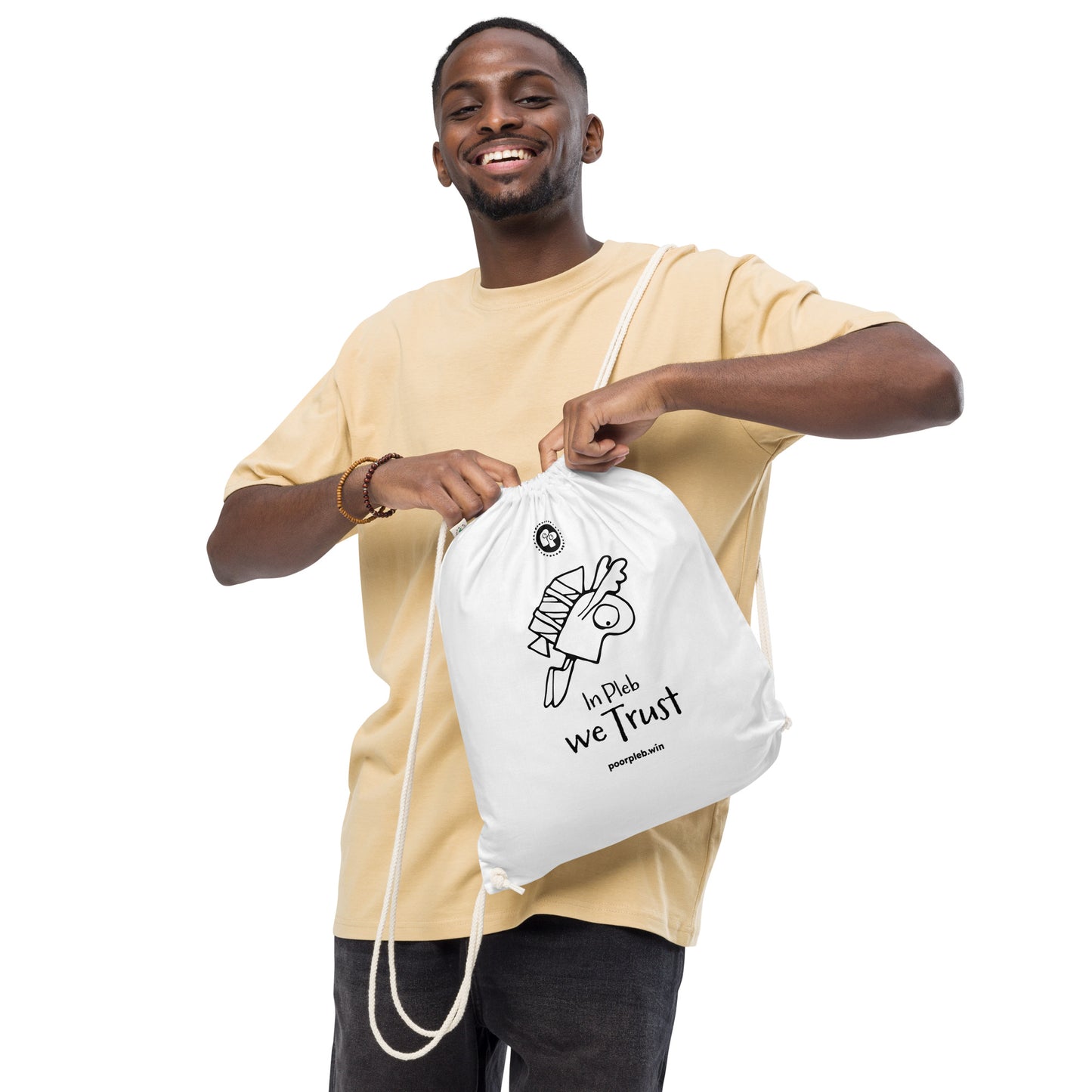 Poor Pleb Organic cotton drawstring bag - In Plebs we Trust - Crypto Biskit